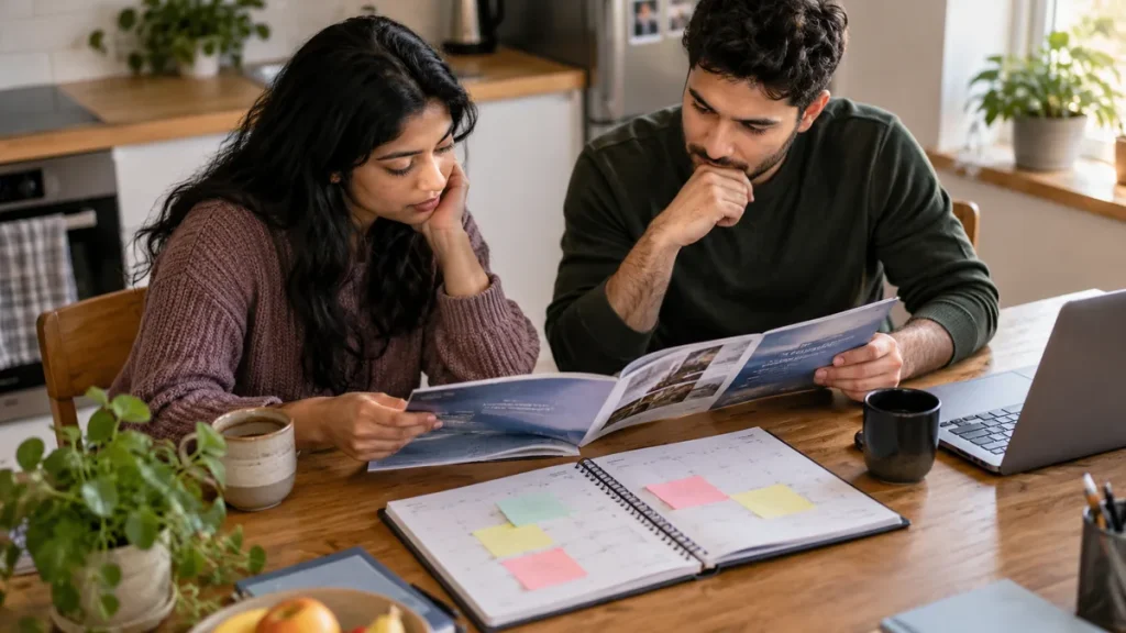 Two adults checking brochures during a healthcare course comparison
