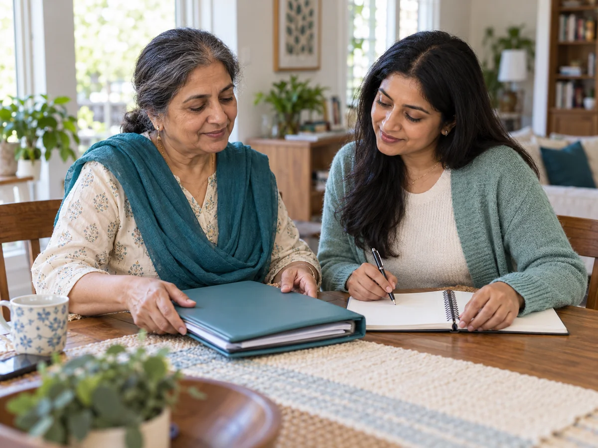 An older woman and adult daughter organising a folder and notebook at home