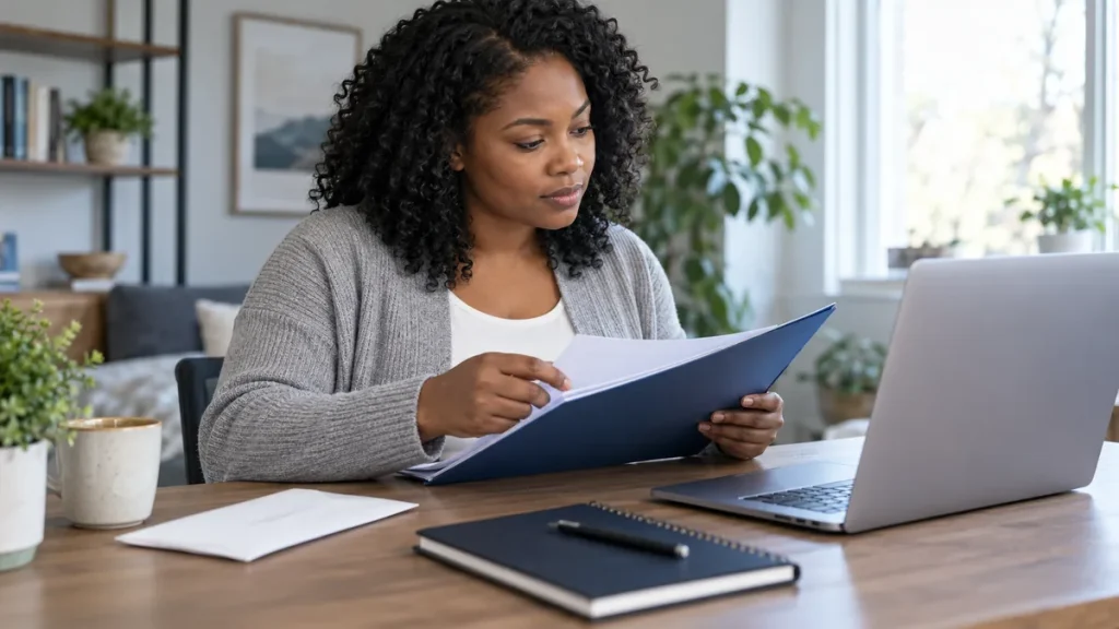 Woman reviewing a folder during a hospital application document check
