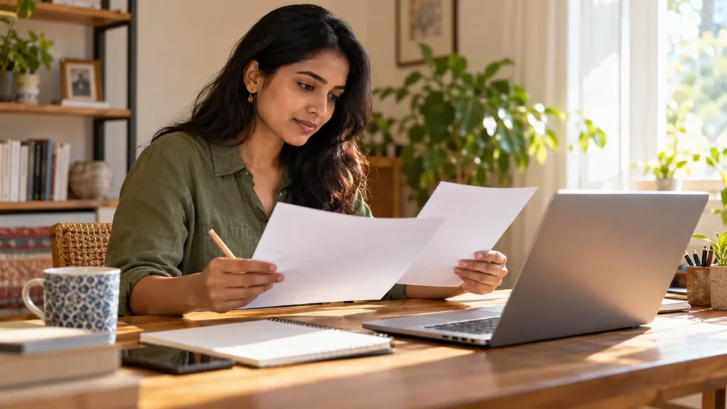 Woman comparing vacancy documents during hospital career research