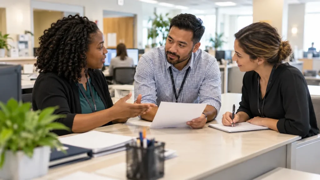 Three office colleagues discussing a hospital communication plan