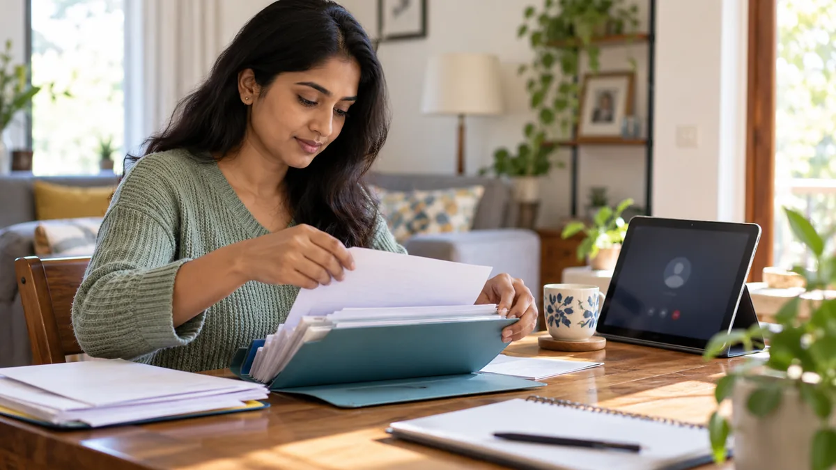 Woman organizing her own hospital employee health folder beside a tablet