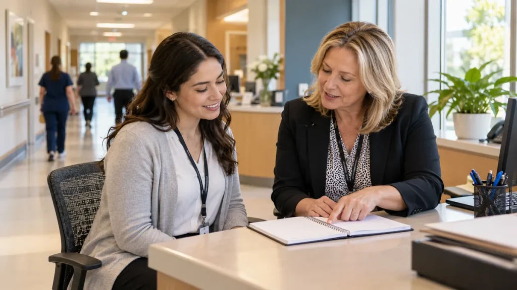 New employee and supervisor reviewing a hospital first month plan