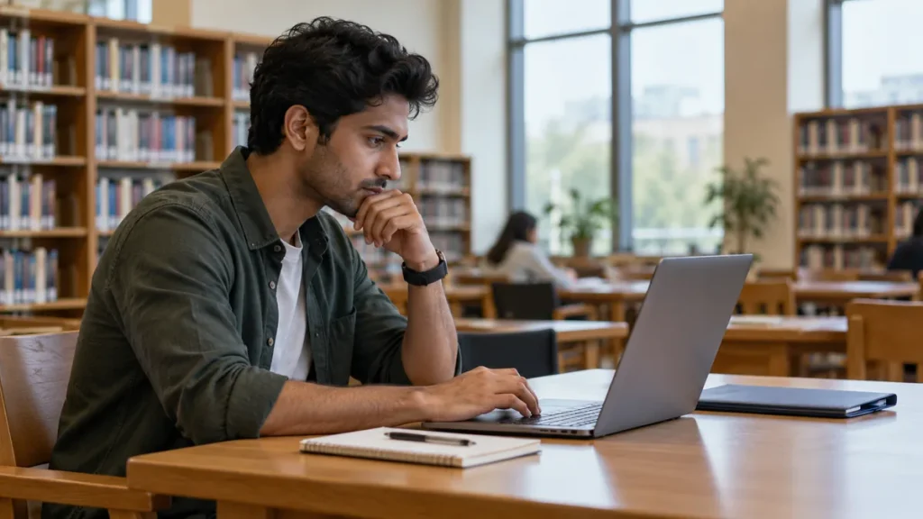Man reviewing a hospital job application on a laptop in a library