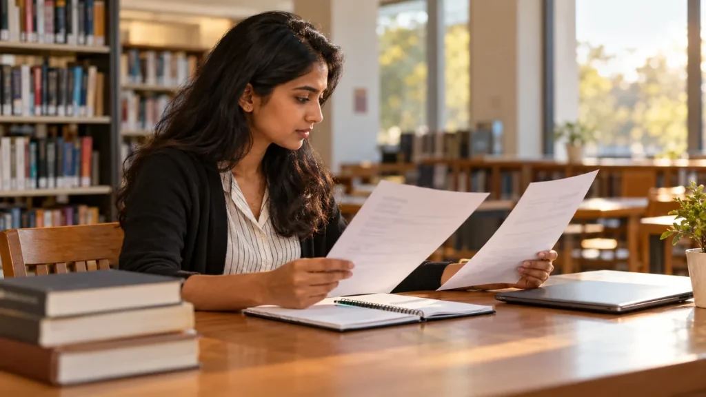 Woman reviewing two documents for a hospital job offer comparison