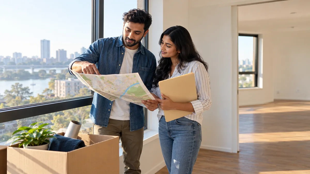 Couple checking an apartment map for a hospital job relocation plan