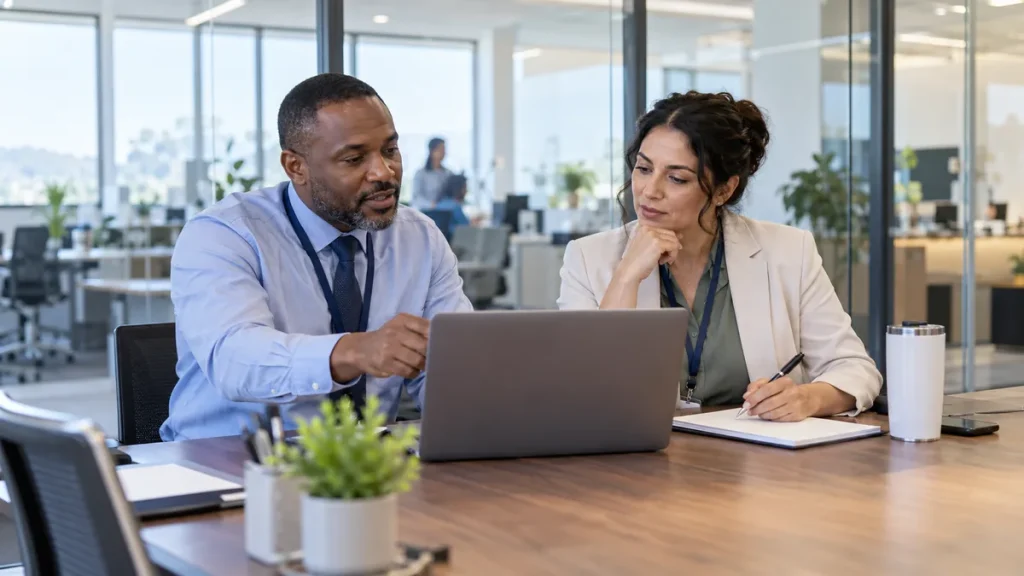 Office colleagues discussing a hospital office app review at a laptop