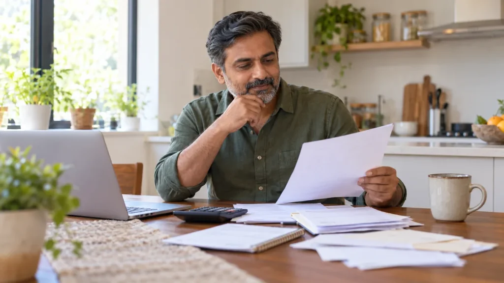 Man reviewing bills and a calculator for a hospital staff budget plan