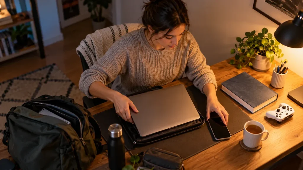 Woman arranging personal equipment for a hospital study device plan