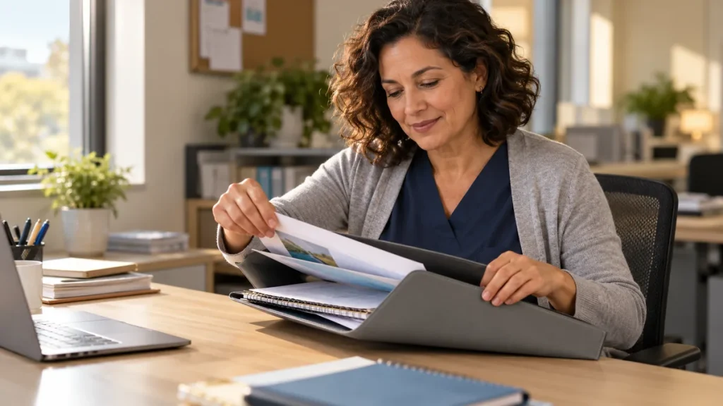 Woman organizing a folder of fictional hospital work evidence