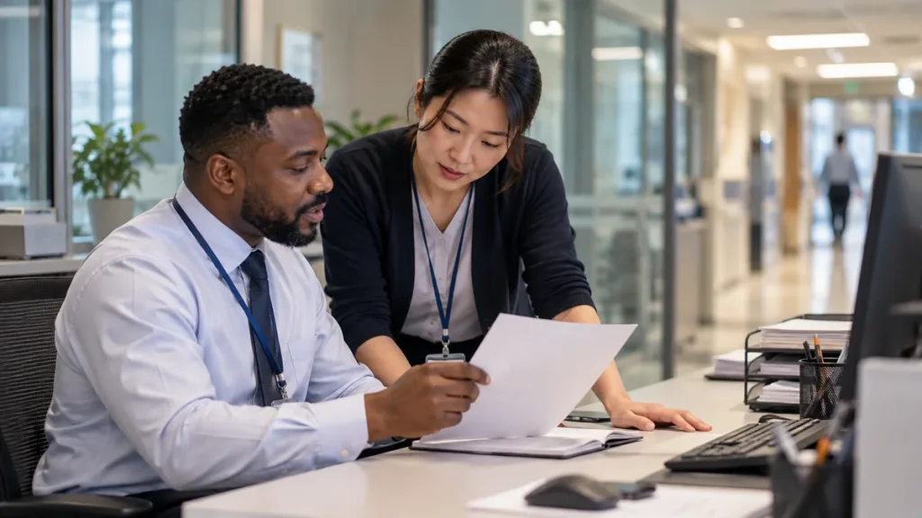 Two office colleagues discussing nonclinical hospital roles at a hospital desk